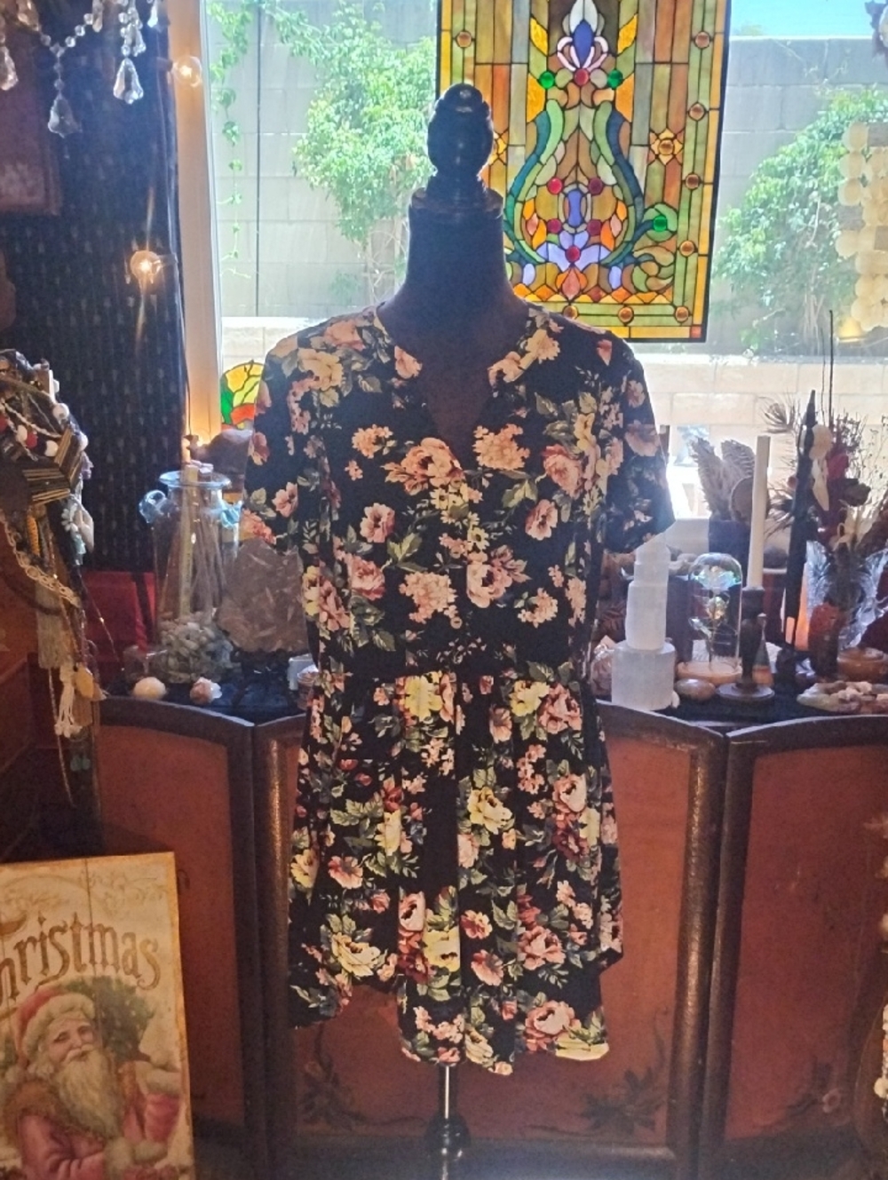 OSNT Floral Short Sleeve Black Dress with Pink Rose Print Bohemian Spirit